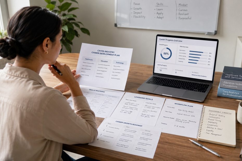 Professional reviewing a cross-industry career development plan with skills mapping, digital learning notes, healthcare workflow materials, and technology strategy documents in a modern workspace.
