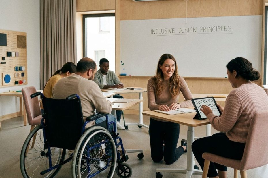 Diverse learners and an instructor reviewing accessible course materials in an inclusive classroom