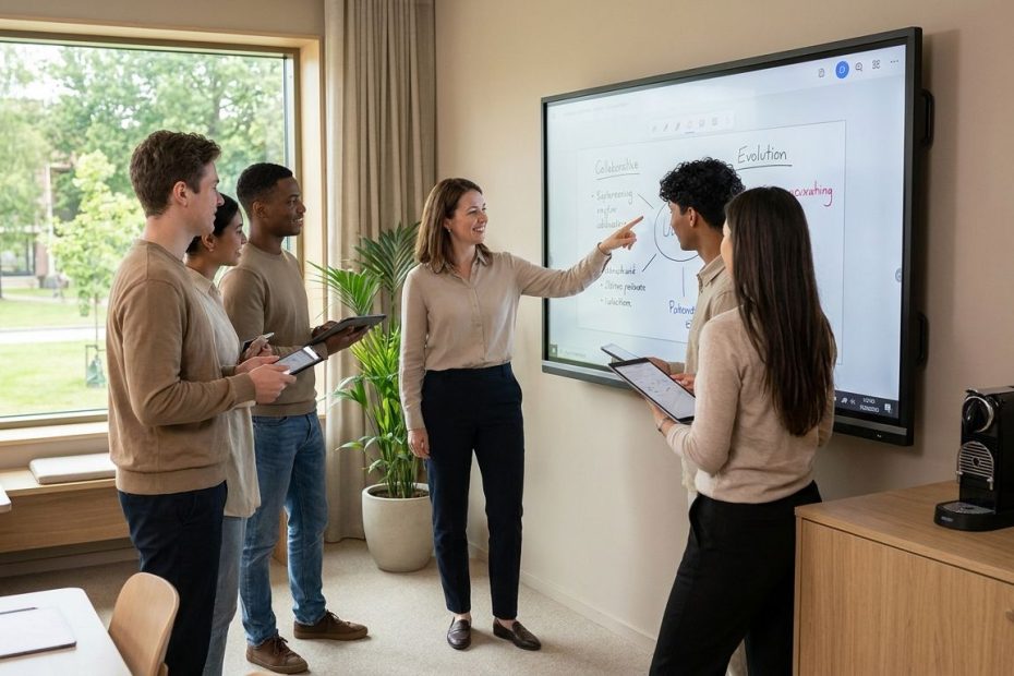 Teacher guiding students using laptops in a student-centered classroom