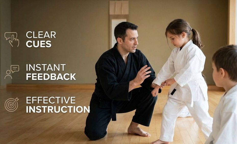 Martial arts instructor demonstrating a technique to children on dojo mats